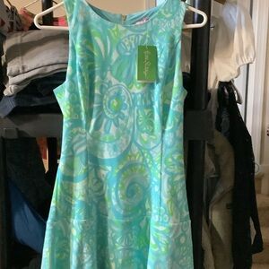 Lilly Pulitzer Aqua and Lime Swirl Kent Dress, sea spray knit jacquard, Small‎